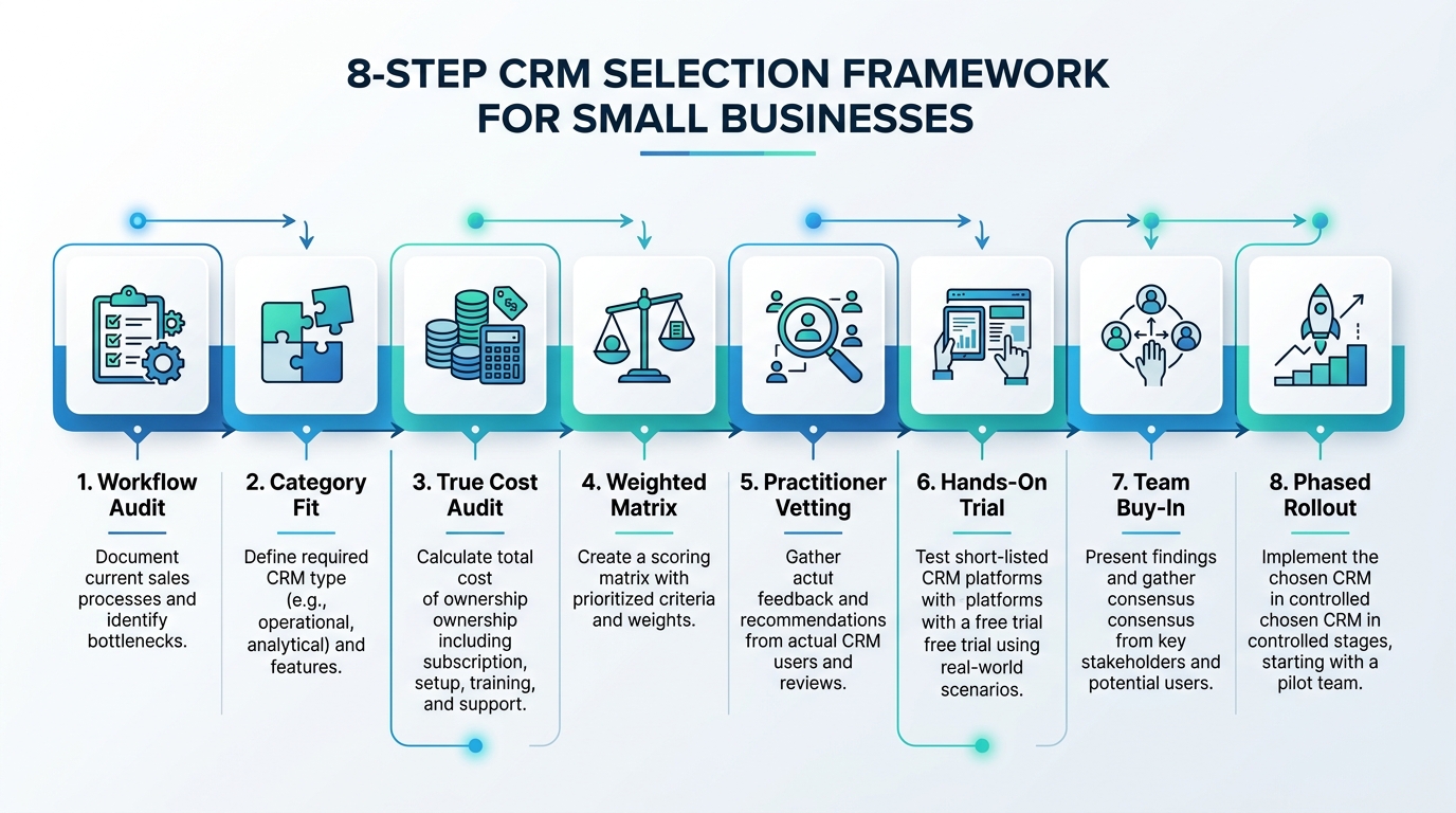 8-step CRM selection framework flowchart showing workflow audit, category fit, cost analysis, weighted matrix, practitioner vetting, trial testing, buy-in, and phased rollout