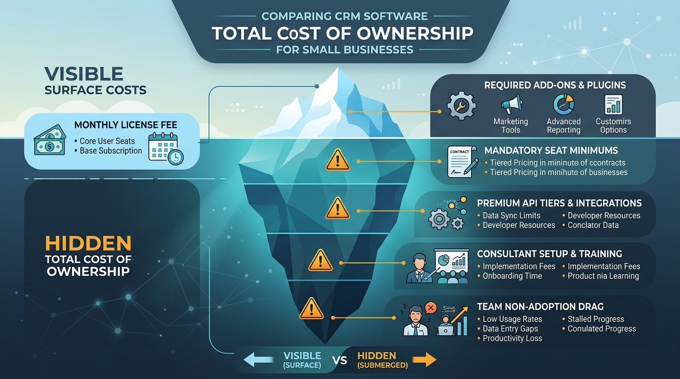 Total cost of ownership iceberg diagram illustrating visible CRM subscription fees versus hidden costs like seat minimums, add-on tools, and team non-adoption drag