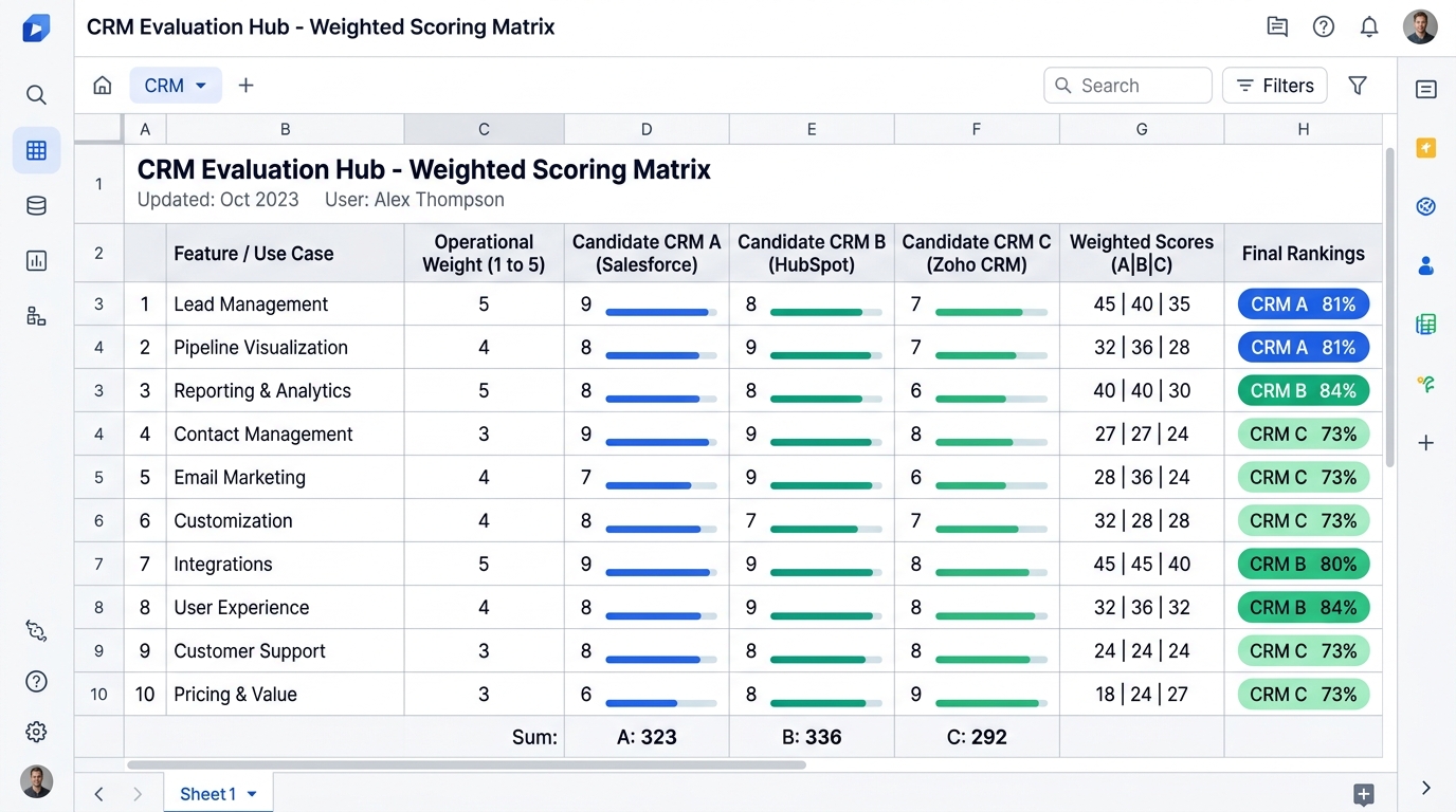 CRM evaluation weighted scoring matrix dashboard comparing feature weights, candidate CRM scores, and final rankings